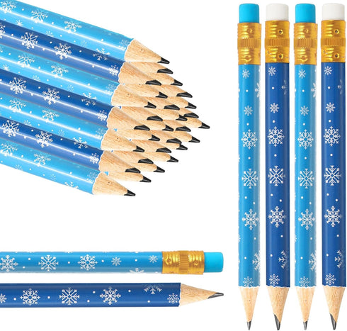Whaline 50Pcs Winter Pencils with Erasers, 2 Styles Dark Blue and Light Blue Short Writing Pencils for School