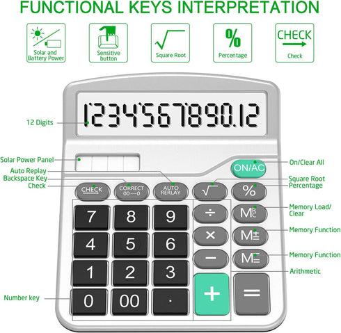 Calculator, Splaks 2 Pack Standard Functional Desktop Calculators Solar and AA Battery Dual Power Electronic Office Calculators with 12-Digit Large Display (1 Basic Black&1 Updated Silver)