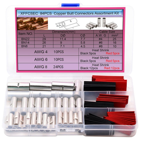88PCS Butt Connectors - Heat Shrink Wire Connectors AWG 4/6/8 Tinned Copper Crimp Terminals Butt Splice Kit