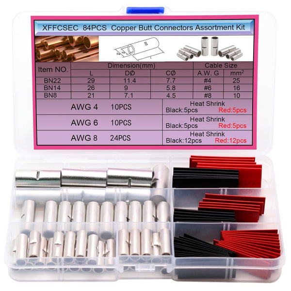 88PCS Butt Connectors - Heat Shrink Wire Connectors AWG 4/6/8 Tinned Copper Crimp Terminals Butt Splice Kit
