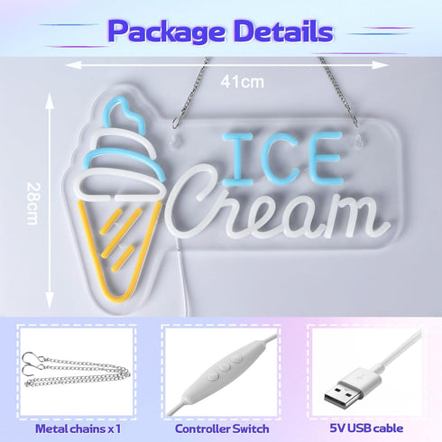 Adjustable,16.1x 11inches CNBEYOUNG Ice Cream Neon Sign, Neon Lights Hanging Wall Art Decoration for Restaurants Ice