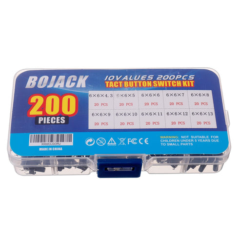 BOJACK 10 Values 200 Pcs 6x6 mm Tactile Pushbutton Switches - 4 Pin Momentary Push Button Switches Assortment Kit