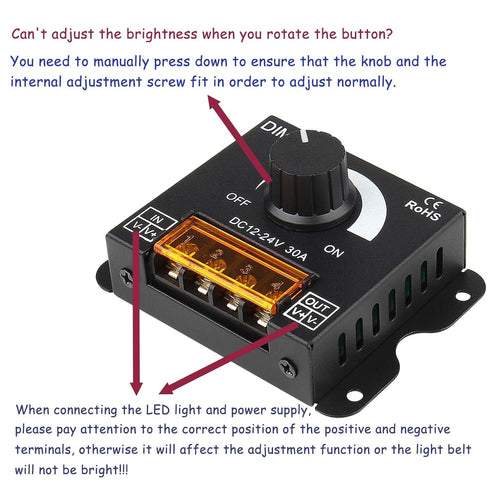 Dimmer, DC12V-24V 30A Dimming Dimmer Dimmer) 2 SUPERNIGHT LED Light Strip PWM Controller for Knob Adjust Brightness