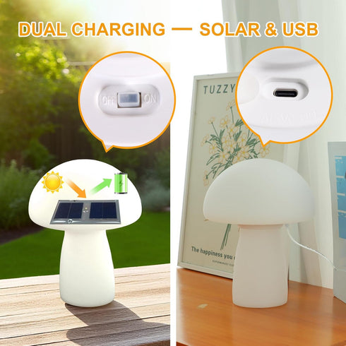 2000mAh IP65 Solar Table Lamp Outdoor Waterproof, Mushroom Solar Lamp with USB & Solar Charging, Rechargeable Patio