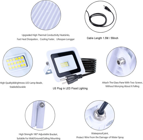 20W IP68 Waterproof Outdoor Ultra-Thin LED Flood Lighting with Plug in Cord for Garden Wall Washer