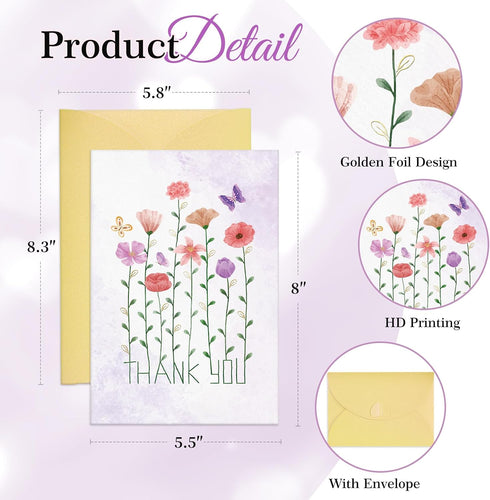 5.5"x8" Bridal Shower Thank You Cards - Floral Thank You Card with Gold Foil Leaves Appreciation Gifts with Seal