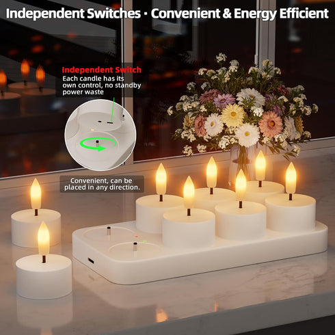 8Pcs Rechargeable Flameless Tea Lights Candles with Charging Station Battery Tea Lights with Remote & Timer LED