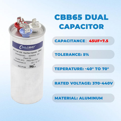 COOLWAY 45/7.5 uF 45+7.5 MFD 370V or 440V Dual Run Start ac Capacitor for ac 45 7.5 CBB65r CBB65b Capacitor 370 440 vac Air Conditioner Capacitor for Motor Start or Heat Pump, Condenser, Pool Pump