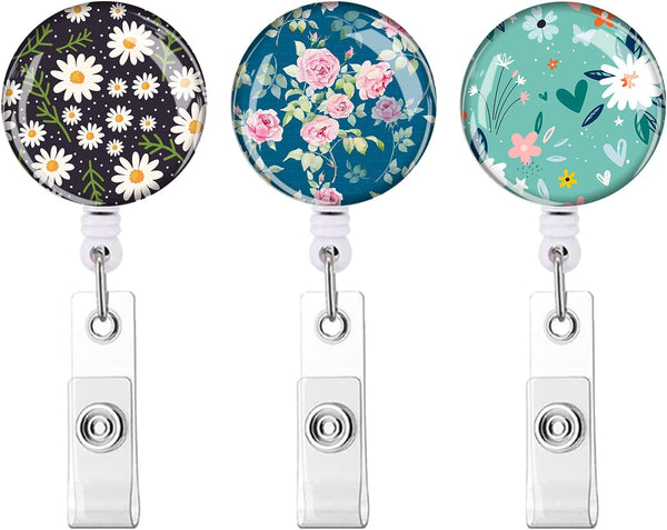 Retractable ID Badge Holder Nurse Badge Reels, Clip Name Card Holders for Office Worker (Cute Flowers 3 Pack)