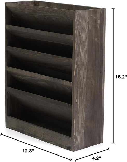 Vintage Rustic Wooden 5 Slot Wall Mounted Document Filing Organizer, Distressed Torched Wood Magazine Rack, Mail Holder