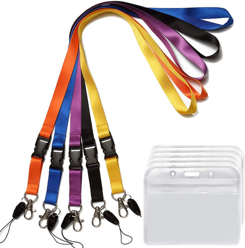YOUOWO 5Pack Neck Lanyards with Horizontal ID Badge Holder for Office Cruise Badges, Black Blue Yellow Orange Purple