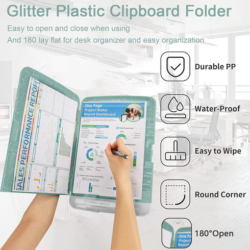 Glitter Clipboard with Storage, A4 Binder Clip Boards 8.5x11 with Low Profile Clip, Side Opening for Office Supplies