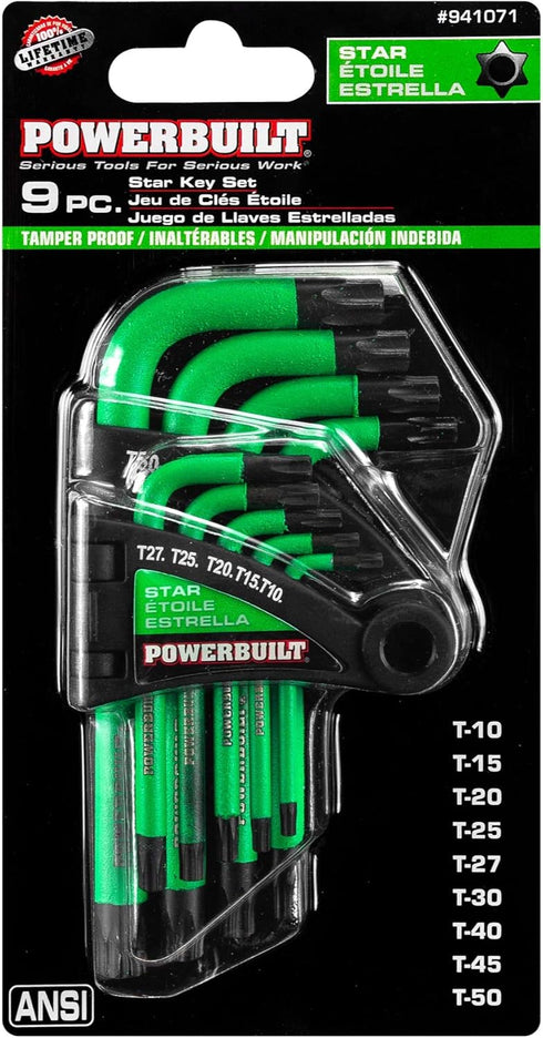 Powerbuilt L-Type Tamper Proof 9 Piece Wrench Set - Short Arm Torx Star Key with Holder