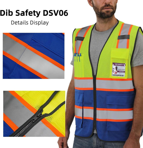 Reflective Mesh Vest High Visibility Two Tone with Pockets and Zipper Yellow and Blue Mesh with Orange Trim M