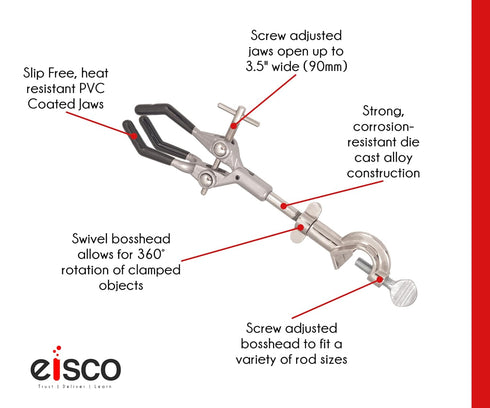 EISCO 3-Finger Lab Clamp with Bosshead Holder for Lab Stand Rod - PVC Coated Prongs, Beaker Holder