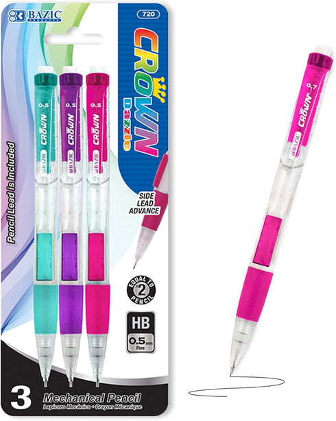 BAZIC Mechanical Pencil 0.5mm Crown, Smooth Writing Pencils Lead, Soft Grip Latex Free Eraser, 1-Pack (3/Pack)