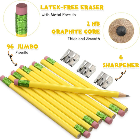 Fainne 102 Pcs Jumbo Pencils and Sharpeners Set, Large Fat Pencils for Kids, School, Office