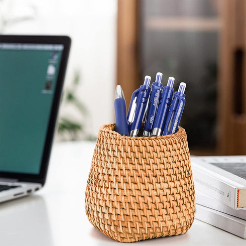 Hacaroa Set of 2 Handmade Rattan Pencil Holders for Desk, Wicker Pen Cup and Makeup Brush Organizer