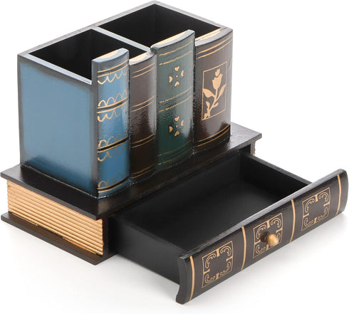 Tosnail Decorative Pen Holder with Storage Drawer, Wooden Pencil Holder and Organizer, Antique Library Books Design Pen