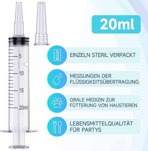 20ml Syringe for Liquid | Plastic Syringes | Syringe with Cap & Catheter Tip - Individual Sealed (No Needle)