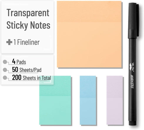 Mr. Pen Transparent Sticky Notes, 200 pcs, Pastel Colors, See Through Sticky Notes for Annotation and Bible Journaling.