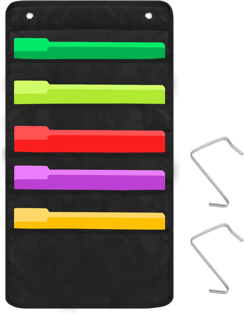 Heavy Duty 5 Pocket Door Hanging File Organizer, Black Wall Storage Pocket Charts for Classroom or Office