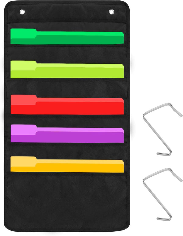 Heavy Duty 5 Pocket Door Hanging File Organizer, Black Wall Storage Pocket Charts for Classroom or Office