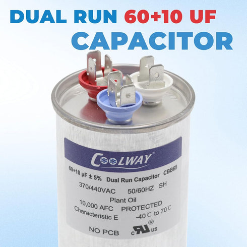 COOLWAY 60/10 uF Dual Run Start AC Capacitor - 370V or 440V for Motor Start or Heat Pump, 60+10 MFD