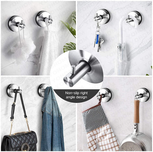 YOHOM 4Pcs Vacuum Suction Cup Hooks, Shower Towel Holder, Brushed Stainless Steel Kitchen Storage Organizer