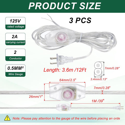 PATIKIL 12 3 Set Feet Lamp Cord with Plug, UL List Lamp Power Cord with Full Range Rotary Lamp Switch Stripped Ends