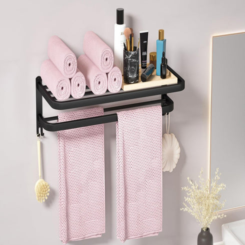 15 Inch DDS-DUDES Black Towel Racks for Bathroom Towel Shelf with Double Towel Bars Lavatory Wall Mount Holder