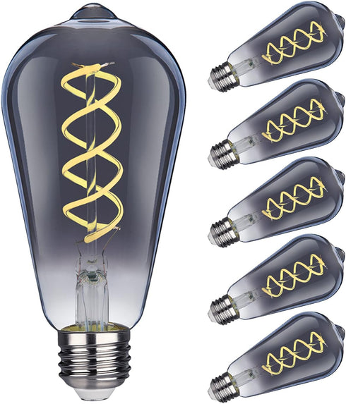 ST19 LED Smoky Grey Glass Edison Bulb, Vintage, 6 Pack, Daylight 5000K, E26 Base, 4.5W Equivalent to 40W
