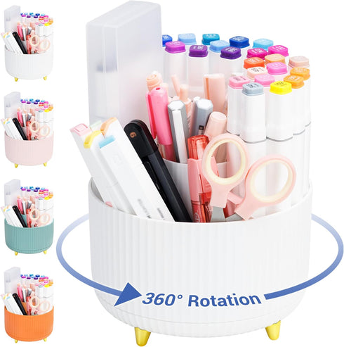 Desk Pen Holder with 5 Compartments - 360° Rotating Organizer for Women and Men, Tidy Desk Caddy