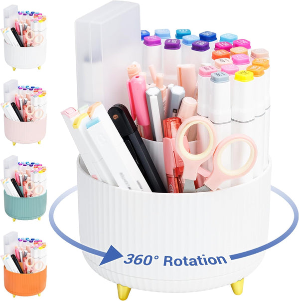Desk Pen Holder with 5 Compartments - 360° Rotating Organizer for Women and Men, Tidy Desk Caddy