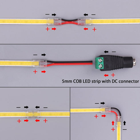 2 Pin 5mm COB LED Strip Connectors, 8 Pcs Strip to Strip, 22 Pcs Strip to Wire, 11 Pcs 22AWG 15cm Long Extension Wires