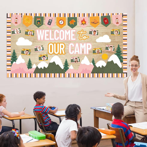 Camping Bulletin Board Set, Welcome to Our Camp Summer Decorations with Adventure DIY Photo Craft Cutouts