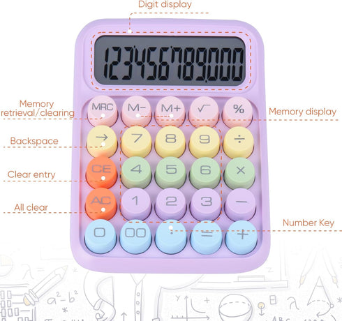 Mechanical Pushbutton Calculator, 12 Digit Large LCD Display, Big Buttons, Colorful Candy Calculator for Home