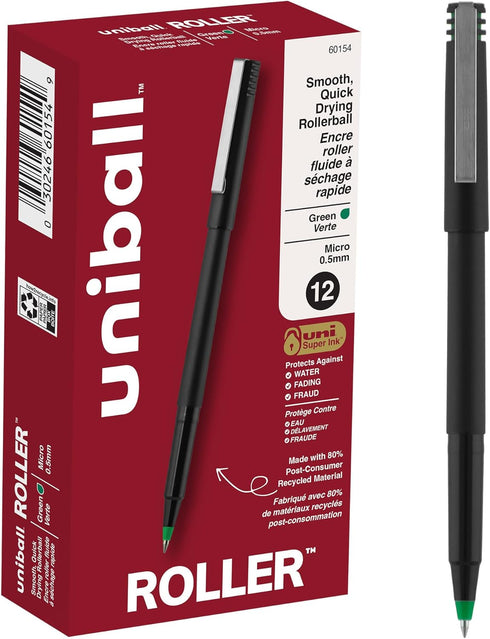 uniball Roller Ball Pen, Stick, Micro 0.5 Mm, Green Ink, Black Matte Barrel, Dozen