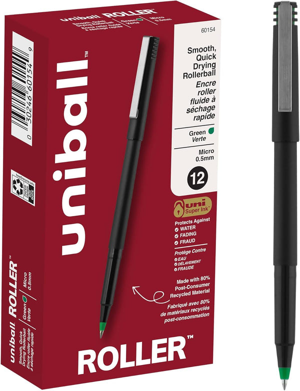uniball Roller Ball Pen, Stick, Micro 0.5 Mm, Green Ink, Black Matte Barrel, Dozen