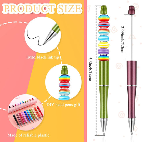 Crtiin 50 Pieces Plastic Beadable Pen Bulk, Black Ink Beaded Pens with 50 Refills for DIY School Supplies