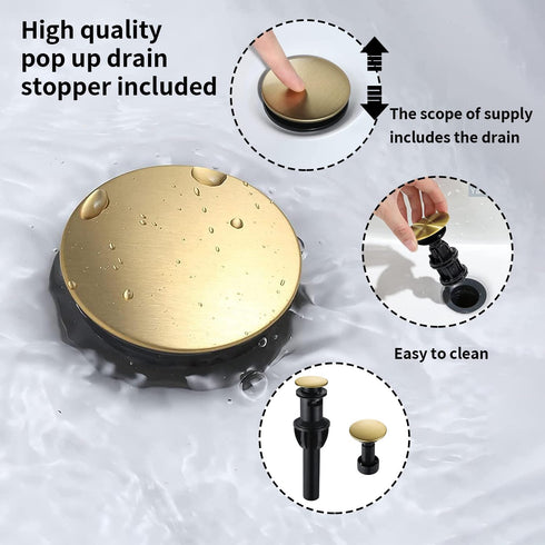 GGStudy Plastic Pop Up Drain with Overflow Assembly, Brushed Gold Lavatory Vanity Sink Drain Stopper