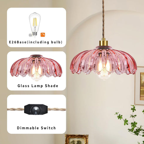Dimmable QIYIZM Pink Plug in Pendant Light Hanging Lights with Plug in Cord Boho Hanging Lamp Glass Gold Mid Century