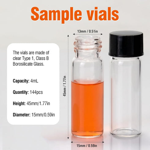 1 4ml 144pcs/pk PEKYBIO Dram Small Glass Vials with Caps, Leak Proof, with PTFE/White Silicone Liners, Mini Glass Jars