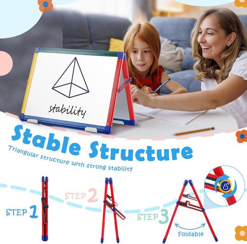 SWANCROWN Portable Magnetic Dry Erase White Board for Kids, 16x12 Inch Double Sided Tabletop Easel with 82Pcs Magnets