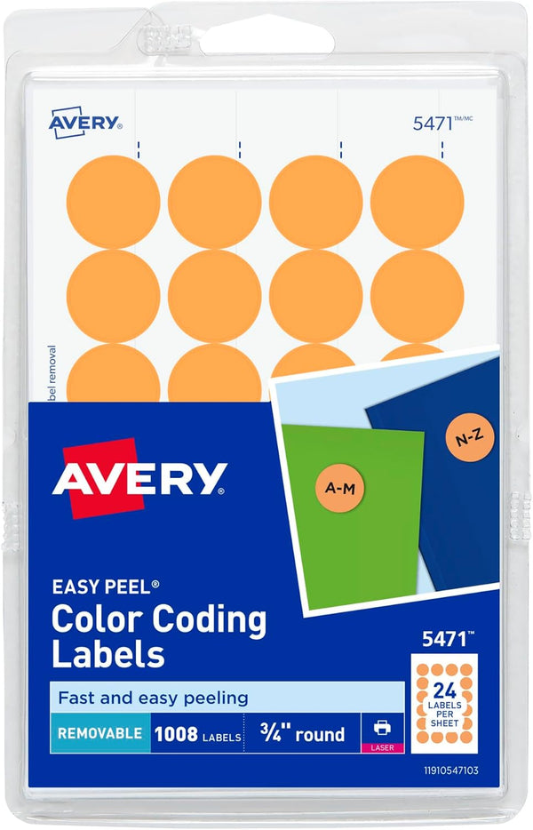 Avery Self-Adhesive Removable Labels, 0.75 Inch Diameter, Orange Neon, 1008 per Pack