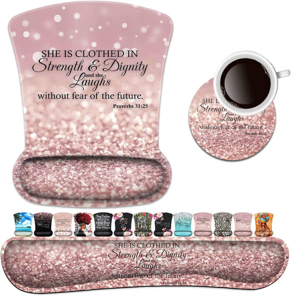 Keyboard Wrist Rest Pad & Ergonomic Mouse Pad Set, Proverbs 31:25 Pink Design for Gaming, Office, Pain Relief