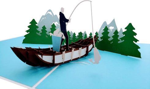 iGifts And Cards 3D Mountain Fishing Pop-Up Card – Canoe, Forest & Leaping Trout – Gift for Men, Fishermen, Nature
