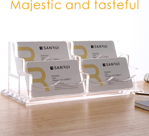 SANRUI Clear Horizontal Business Card Holder Stand - Acrylic Desktop Display Organizer for 240 Cards, 2 Tier 4 Pocket