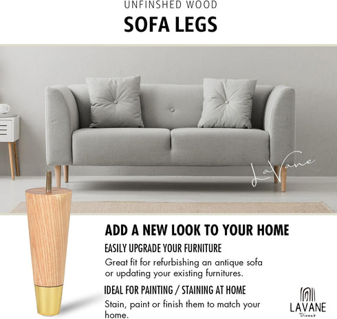 La Vane 4 inch Set 4 5/16 Inch Ash Wood Furniture Legs with Gold Caps, of Mid-Century Modern Tapered Varished Wooden