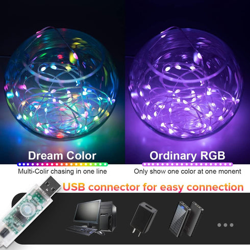 WS2812B 16.4FT 50Pixels IP65 DC5V BTF-LIGHTING RGB IC USB Twinkle Smart Fairy Light String Transparent Wire Music